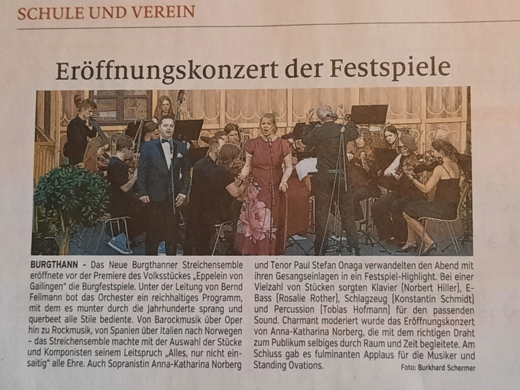 Positiver Bericht über das Eröffnungskonzert der Eppelein Festspiele in Burgthann gespielt von dem Neuen Burgthanner Streichensemble.